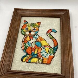 Handcrafted Colorful Cat Embroidery Wall Art - Multicolor